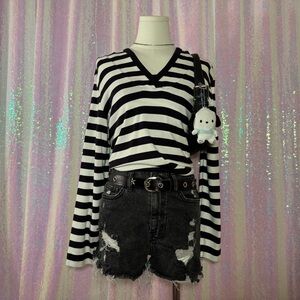 black and white striped hooded sweater top